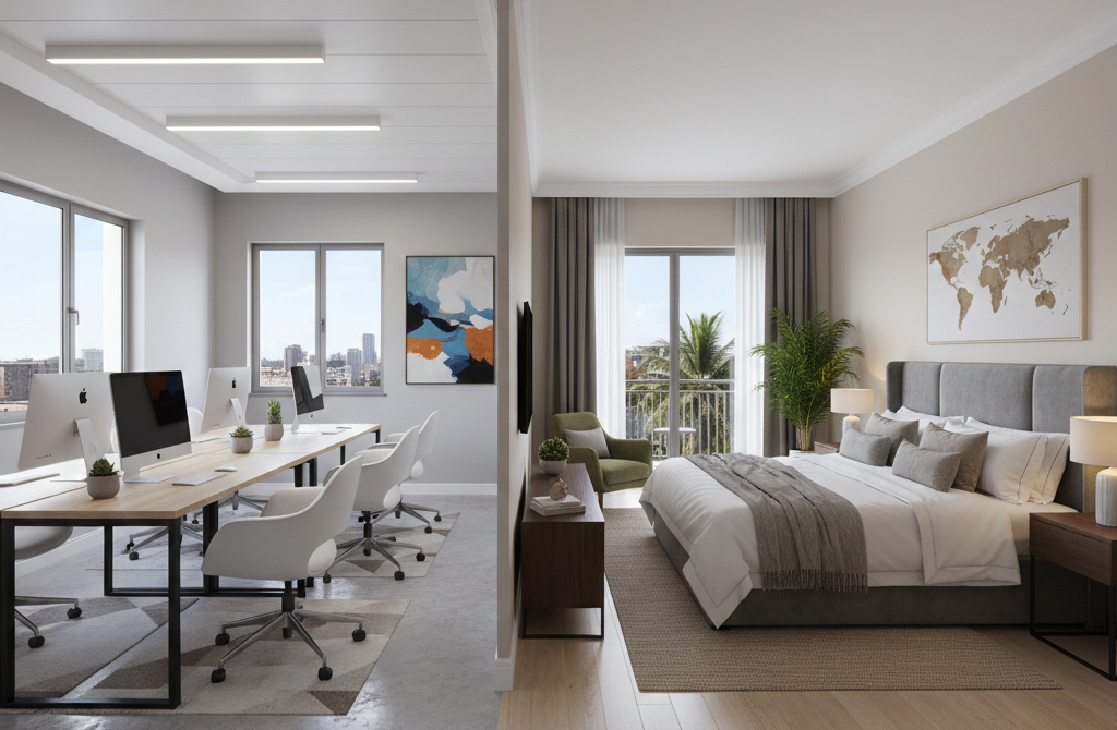 Professional office renovation services in Abuja for productivity and Airbnb interior design Nigeria - luxury shortlet bedroom styling.