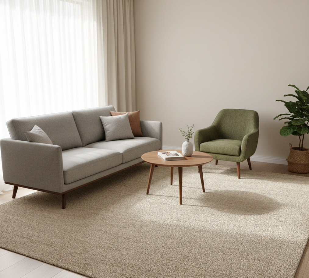 Properly sized large rug for a small modern living room layout
